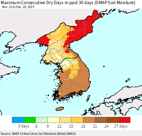 Korea Maximum Consecutive Dry Days in past 30 days (SMAP Soil Moisture) Thematic Map For 12/16/2023 - 12/20/2023