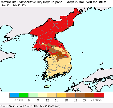 Korea Maximum Consecutive Dry Days in past 30 days (SMAP Soil Moisture) Thematic Map For 2/6/2024 - 2/10/2024