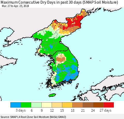 Korea Maximum Consecutive Dry Days in past 30 days (SMAP Soil Moisture) Thematic Map For 4/21/2024 - 4/25/2024
