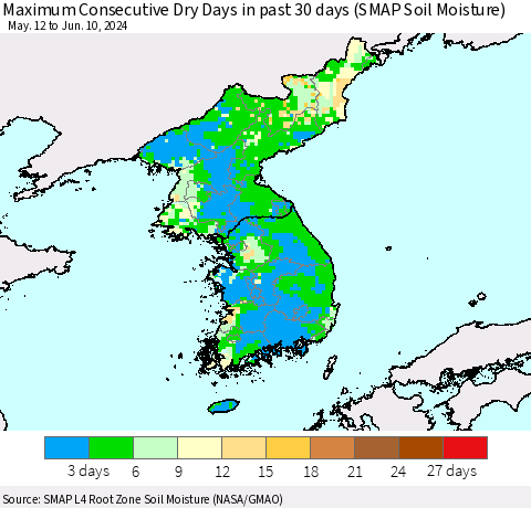 Korea Maximum Consecutive Dry Days in past 30 days (SMAP Soil Moisture) Thematic Map For 6/6/2024 - 6/10/2024