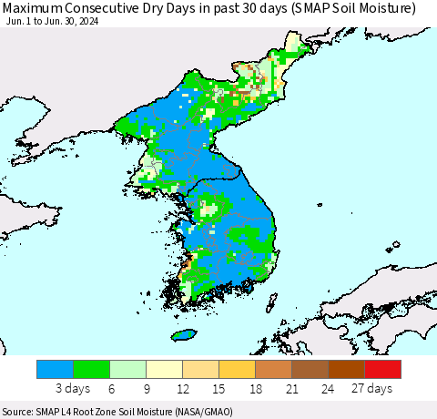 Korea Maximum Consecutive Dry Days in past 30 days (SMAP Soil Moisture) Thematic Map For 6/26/2024 - 6/30/2024