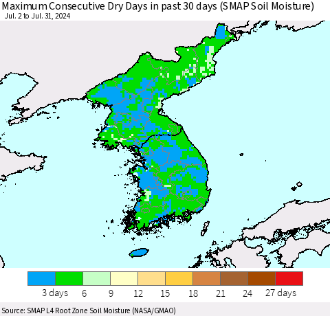 Korea Maximum Consecutive Dry Days in past 30 days (SMAP Soil Moisture) Thematic Map For 7/26/2024 - 7/31/2024
