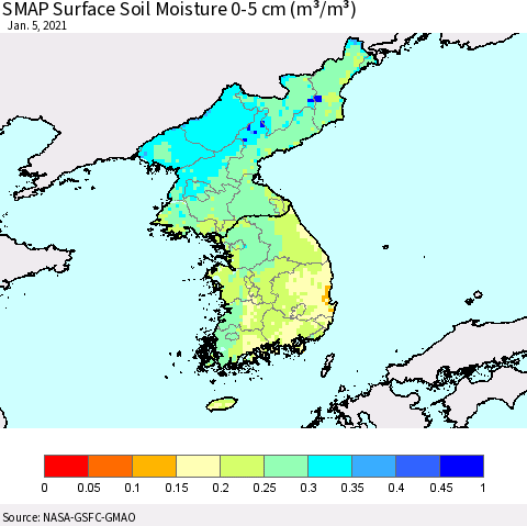 Korea SMAP Surface (0-5 cm) Soil Moisture (m³/m³) Thematic Map For 1/1/2021 - 1/5/2021