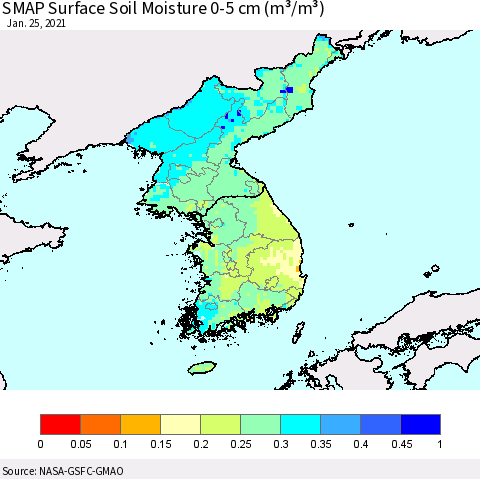 Korea SMAP Surface (0-5 cm) Soil Moisture (m³/m³) Thematic Map For 1/21/2021 - 1/25/2021