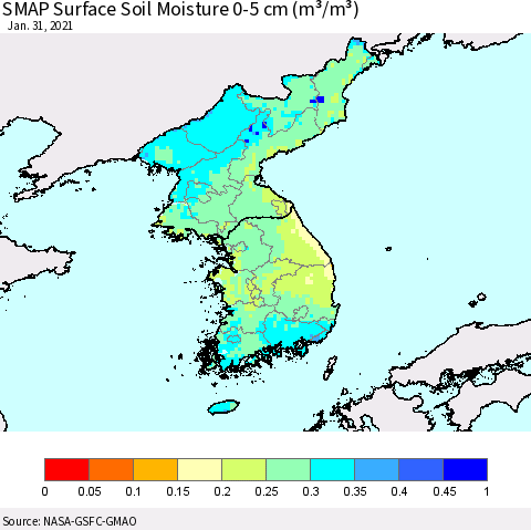 Korea SMAP Surface (0-5 cm) Soil Moisture (m³/m³) Thematic Map For 1/26/2021 - 1/31/2021