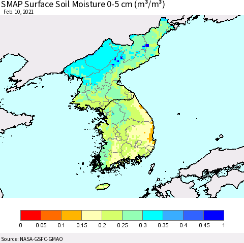Korea SMAP Surface (0-5 cm) Soil Moisture (m³/m³) Thematic Map For 2/6/2021 - 2/10/2021