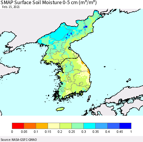 Korea SMAP Surface (0-5 cm) Soil Moisture (m³/m³) Thematic Map For 2/11/2021 - 2/15/2021