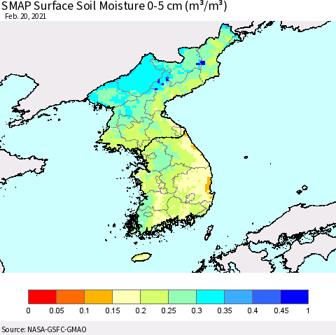 Korea SMAP Surface (0-5 cm) Soil Moisture (m³/m³) Thematic Map For 2/16/2021 - 2/20/2021