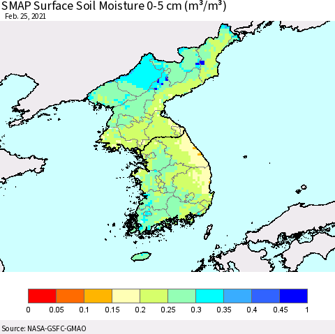 Korea SMAP Surface (0-5 cm) Soil Moisture (m³/m³) Thematic Map For 2/21/2021 - 2/25/2021