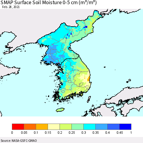 Korea SMAP Surface (0-5 cm) Soil Moisture (m³/m³) Thematic Map For 2/26/2021 - 2/28/2021