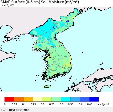 Korea SMAP Surface (0-5 cm) Soil Moisture (m³/m³) Thematic Map For 3/1/2021 - 3/5/2021
