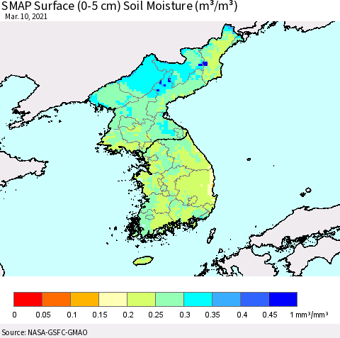 Korea SMAP Surface (0-5 cm) Soil Moisture (m³/m³) Thematic Map For 3/6/2021 - 3/10/2021