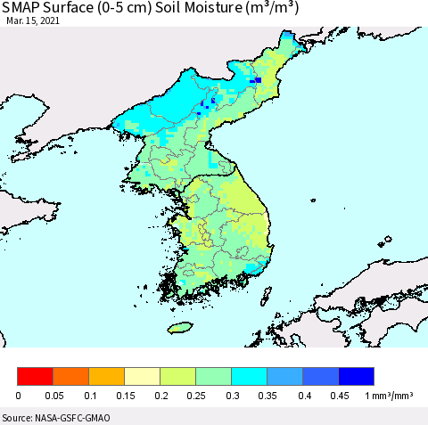 Korea SMAP Surface (0-5 cm) Soil Moisture (m³/m³) Thematic Map For 3/11/2021 - 3/15/2021