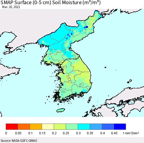 Korea SMAP Surface (0-5 cm) Soil Moisture (m³/m³) Thematic Map For 3/16/2021 - 3/20/2021