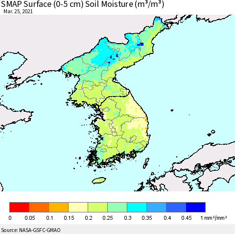 Korea SMAP Surface (0-5 cm) Soil Moisture (m³/m³) Thematic Map For 3/21/2021 - 3/25/2021