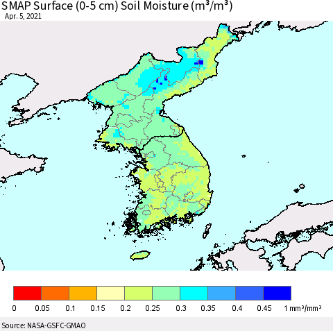 Korea SMAP Surface (0-5 cm) Soil Moisture (m³/m³) Thematic Map For 4/1/2021 - 4/5/2021