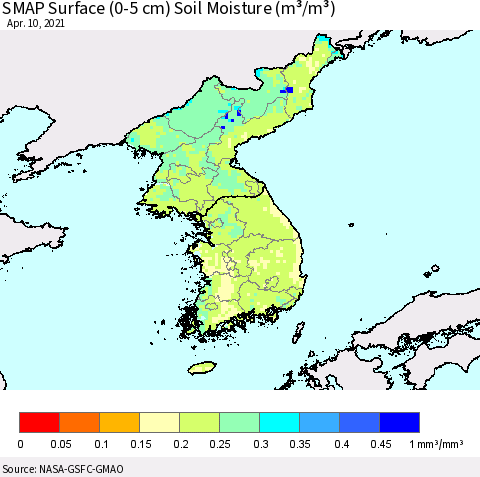 Korea SMAP Surface (0-5 cm) Soil Moisture (m³/m³) Thematic Map For 4/6/2021 - 4/10/2021