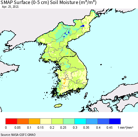 Korea SMAP Surface (0-5 cm) Soil Moisture (m³/m³) Thematic Map For 4/21/2021 - 4/25/2021