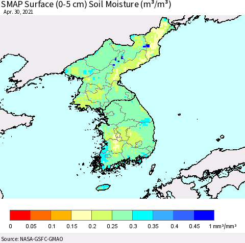 Korea SMAP Surface (0-5 cm) Soil Moisture (m³/m³) Thematic Map For 4/26/2021 - 4/30/2021