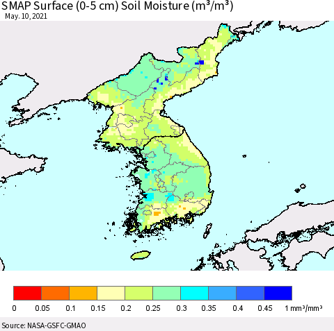 Korea SMAP Surface (0-5 cm) Soil Moisture (m³/m³) Thematic Map For 5/6/2021 - 5/10/2021