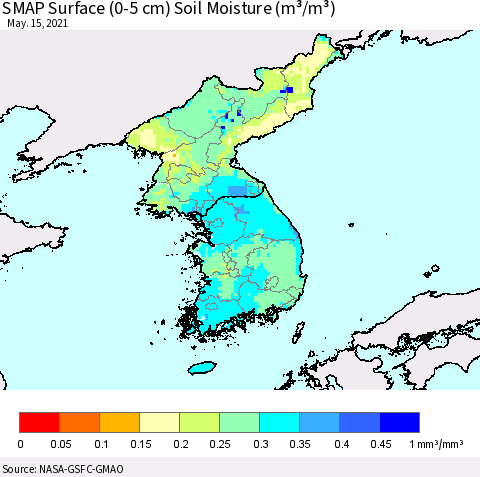 Korea SMAP Surface (0-5 cm) Soil Moisture (m³/m³) Thematic Map For 5/11/2021 - 5/15/2021