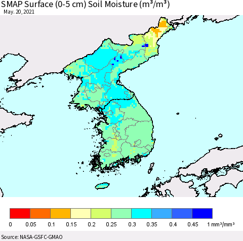 Korea SMAP Surface (0-5 cm) Soil Moisture (m³/m³) Thematic Map For 5/16/2021 - 5/20/2021