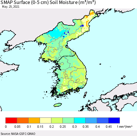 Korea SMAP Surface (0-5 cm) Soil Moisture (m³/m³) Thematic Map For 5/21/2021 - 5/25/2021