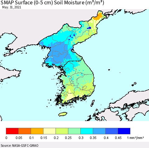 Korea SMAP Surface (0-5 cm) Soil Moisture (m³/m³) Thematic Map For 5/26/2021 - 5/31/2021