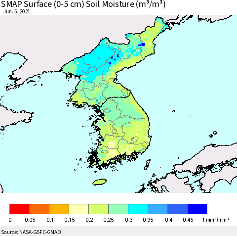 Korea SMAP Surface (0-5 cm) Soil Moisture (m³/m³) Thematic Map For 6/1/2021 - 6/5/2021