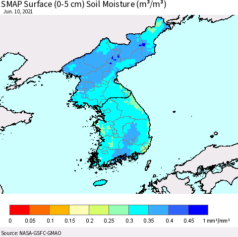 Korea SMAP Surface (0-5 cm) Soil Moisture (m³/m³) Thematic Map For 6/6/2021 - 6/10/2021