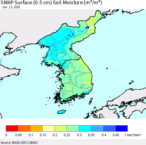 Korea SMAP Surface (0-5 cm) Soil Moisture (m³/m³) Thematic Map For 6/11/2021 - 6/15/2021