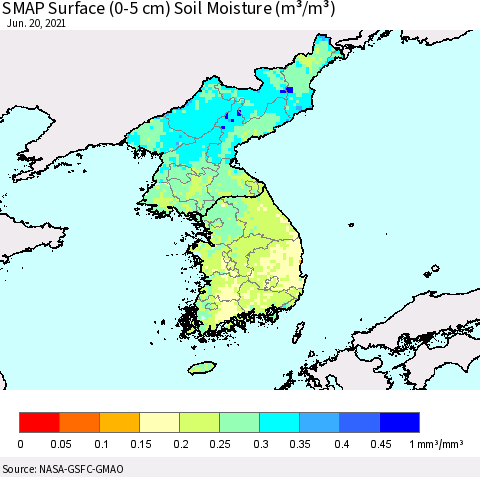 Korea SMAP Surface (0-5 cm) Soil Moisture (m³/m³) Thematic Map For 6/16/2021 - 6/20/2021