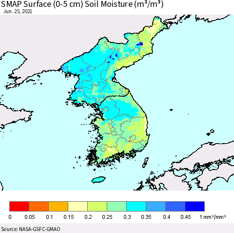 Korea SMAP Surface (0-5 cm) Soil Moisture (m³/m³) Thematic Map For 6/21/2021 - 6/25/2021