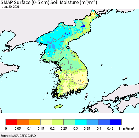 Korea SMAP Surface (0-5 cm) Soil Moisture (m³/m³) Thematic Map For 6/26/2021 - 6/30/2021