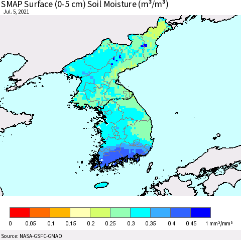 Korea SMAP Surface (0-5 cm) Soil Moisture (m³/m³) Thematic Map For 7/1/2021 - 7/5/2021
