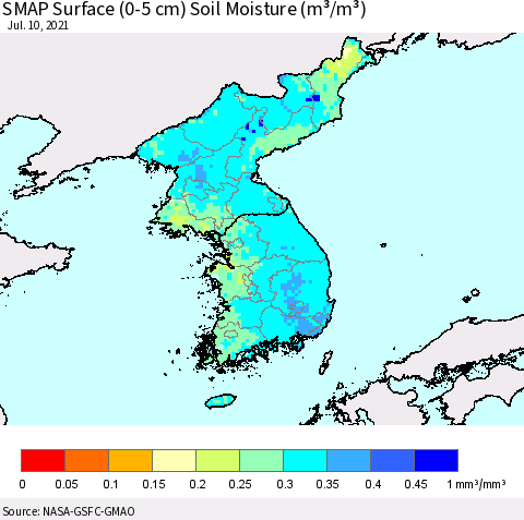 Korea SMAP Surface (0-5 cm) Soil Moisture (m³/m³) Thematic Map For 7/6/2021 - 7/10/2021