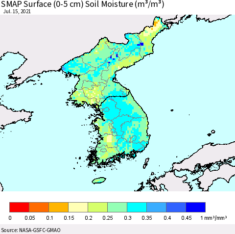 Korea SMAP Surface (0-5 cm) Soil Moisture (m³/m³) Thematic Map For 7/11/2021 - 7/15/2021