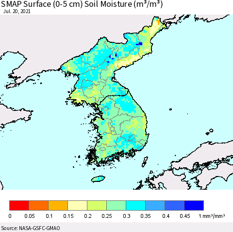 Korea SMAP Surface (0-5 cm) Soil Moisture (m³/m³) Thematic Map For 7/16/2021 - 7/20/2021