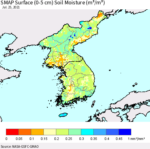 Korea SMAP Surface (0-5 cm) Soil Moisture (m³/m³) Thematic Map For 7/21/2021 - 7/25/2021
