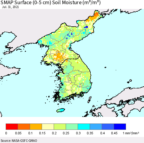 Korea SMAP Surface (0-5 cm) Soil Moisture (m³/m³) Thematic Map For 7/26/2021 - 7/31/2021