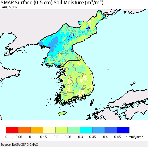 Korea SMAP Surface (0-5 cm) Soil Moisture (m³/m³) Thematic Map For 8/1/2021 - 8/5/2021