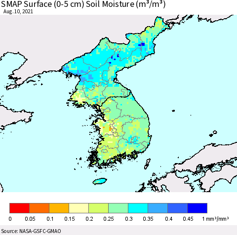 Korea SMAP Surface (0-5 cm) Soil Moisture (m³/m³) Thematic Map For 8/6/2021 - 8/10/2021