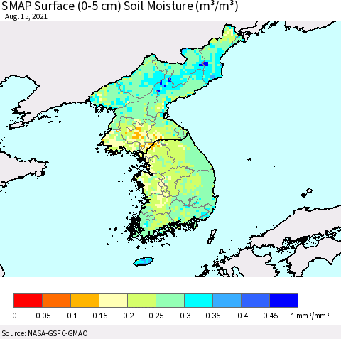 Korea SMAP Surface (0-5 cm) Soil Moisture (m³/m³) Thematic Map For 8/11/2021 - 8/15/2021