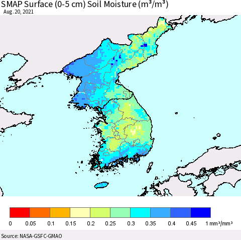 Korea SMAP Surface (0-5 cm) Soil Moisture (m³/m³) Thematic Map For 8/16/2021 - 8/20/2021