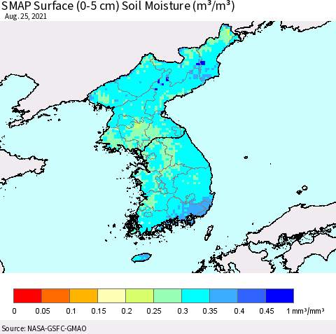 Korea SMAP Surface (0-5 cm) Soil Moisture (m³/m³) Thematic Map For 8/21/2021 - 8/25/2021
