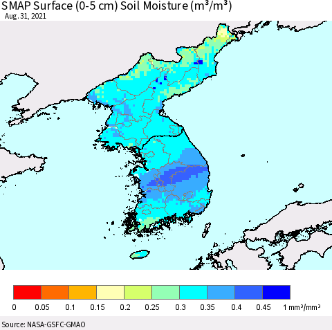 Korea SMAP Surface (0-5 cm) Soil Moisture (m³/m³) Thematic Map For 8/26/2021 - 8/31/2021