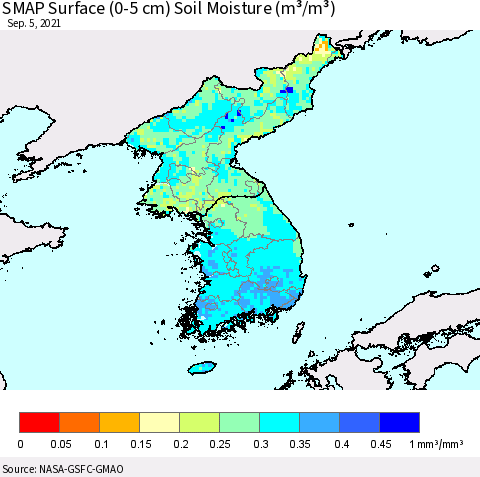 Korea SMAP Surface (0-5 cm) Soil Moisture (m³/m³) Thematic Map For 9/1/2021 - 9/5/2021