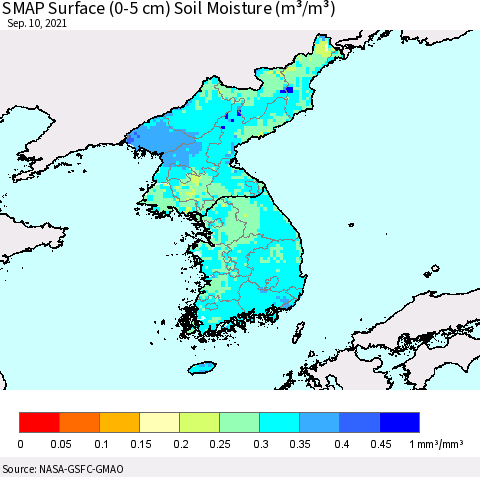 Korea SMAP Surface (0-5 cm) Soil Moisture (m³/m³) Thematic Map For 9/6/2021 - 9/10/2021