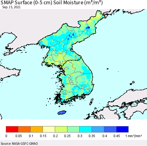 Korea SMAP Surface (0-5 cm) Soil Moisture (m³/m³) Thematic Map For 9/11/2021 - 9/15/2021