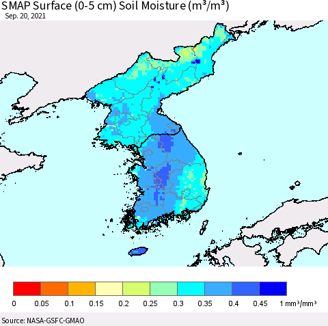 Korea SMAP Surface (0-5 cm) Soil Moisture (m³/m³) Thematic Map For 9/16/2021 - 9/20/2021
